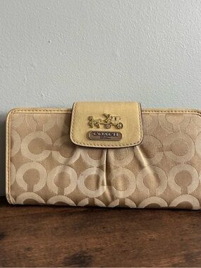 Coach Beige Signature Canvas Continental Wallet with Gold Logo